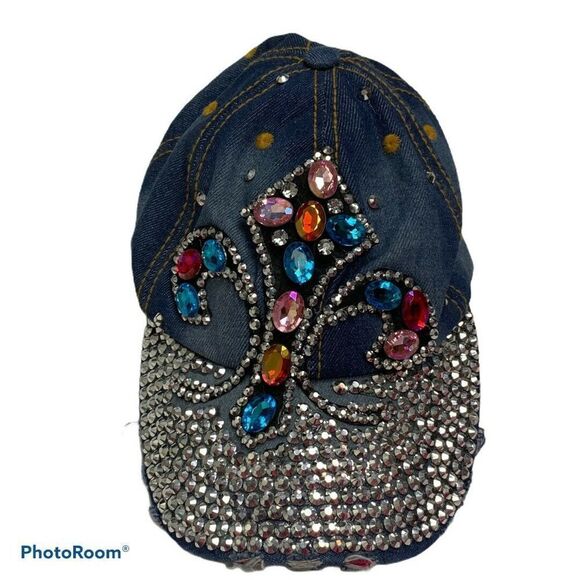 Embellished Cap Fleur-de-lis Cap Denim‎ Sequins - Picture 1 of 5